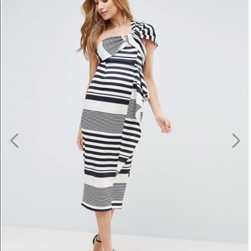 ASOS Maternity Bow Shoulder Stripe Midi Dress - Picture 2 of 4